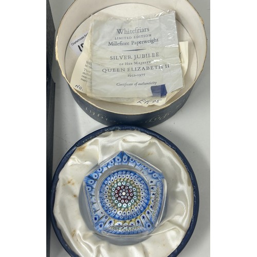 1032 - A Whitefriars commemorative glass paperweight, boxed, and two other glass paperweights (3)