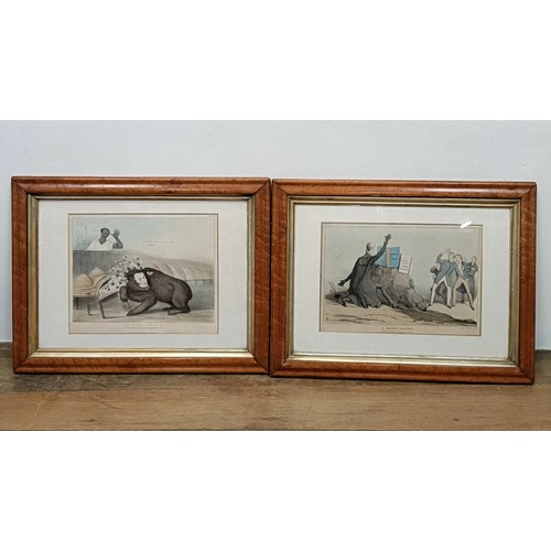 1157 - A pair of 19th century humorous prints, in maple frames