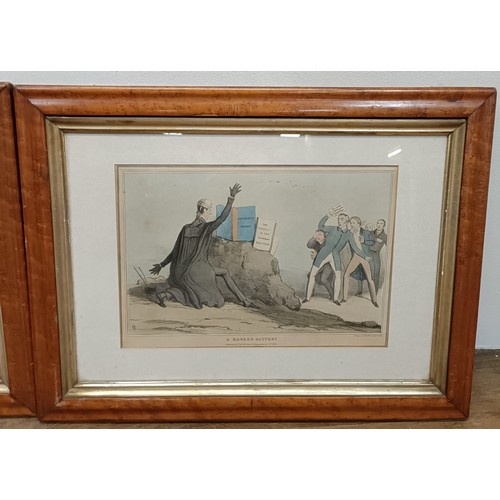 1157 - A pair of 19th century humorous prints, in maple frames