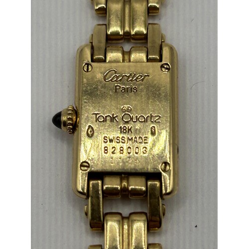 829 - A ladies 18ct gold Cartier Tank Quartz wristwatch, with cabochon winder, 42 g (all in)