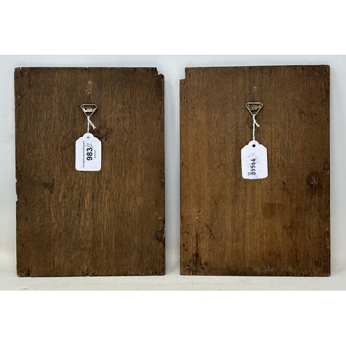 983 - A pair of 17th century style oak panels, carved opposing bust portraits, 26.5 x 19 cm (2)