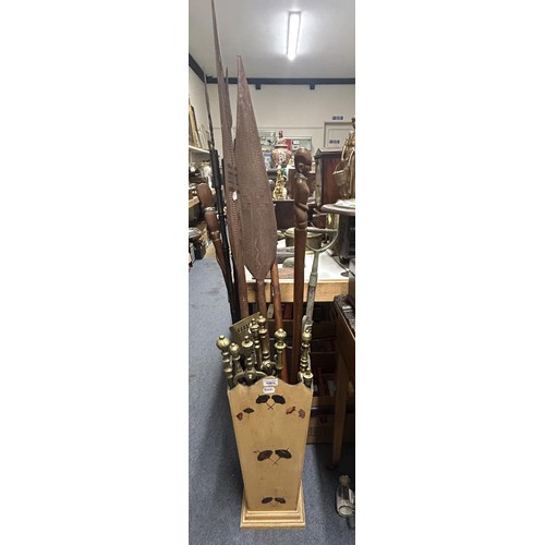 1001 - A stick stand, an African carved wood leaf paddle, and other items