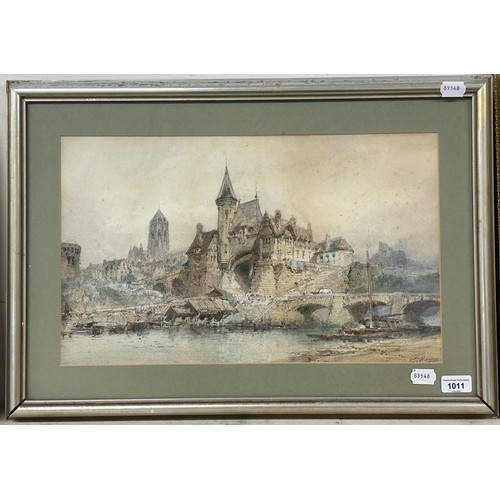 1011 - P Morny, Continental town scene, with castle, watercolour, signed, 30 x 50 cm