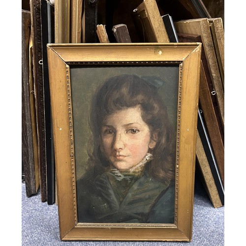 1147 - Early 20th century, portrait of a young lady, oil on board, 30 x 18 cm, and other pictures (box)