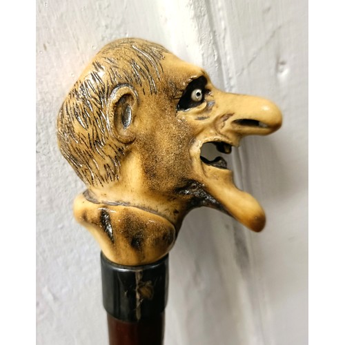 1125 - An early 20th century novelty walking stick, with a horn handle, carved in the form of a grotesque m... 