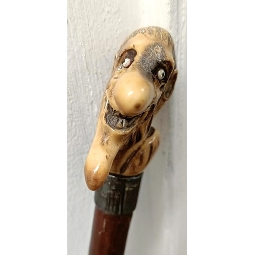 1125 - An early 20th century novelty walking stick, with a horn handle, carved in the form of a grotesque m... 