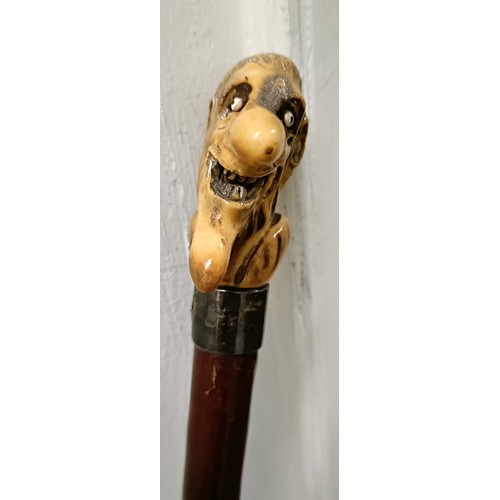 1125 - An early 20th century novelty walking stick, with a horn handle, carved in the form of a grotesque m... 