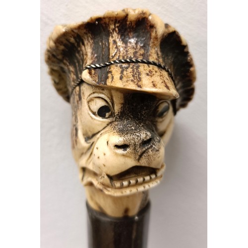 1134 - A novelty walking stick, with a carved antler handle, in the form of a bulldog, with a sterling silv... 