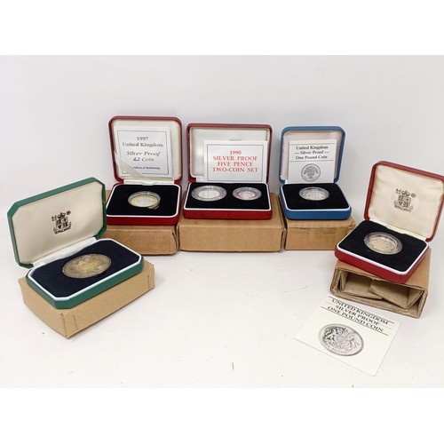 280 - A silver proof 5p two coin set, 1990, boxed and other commemorative coins, all boxed