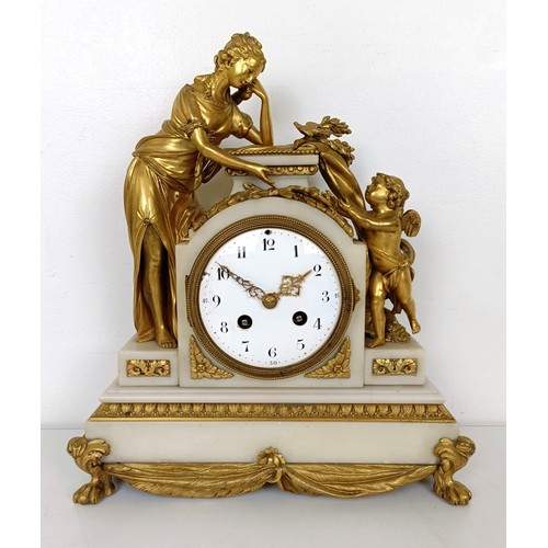 853 - A late 19th century mantel clock, the enamel dial fitted an eight day movement striking on a bell, i... 