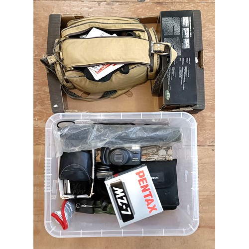 849 - A Pentax ME Super camera, assorted lenses, binoculars, other cameras and related items (2 boxes)