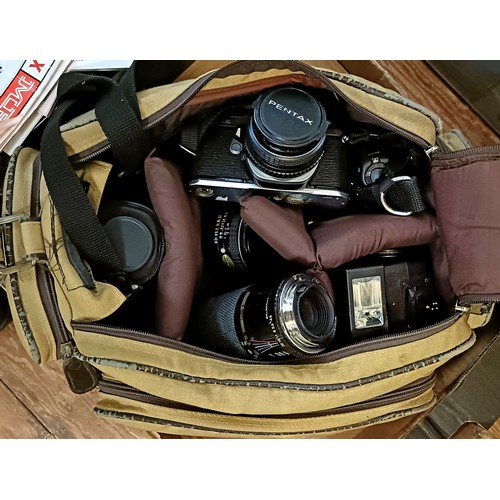 849 - A Pentax ME Super camera, assorted lenses, binoculars, other cameras and related items (2 boxes)