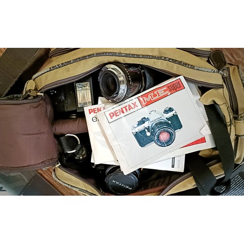 849 - A Pentax ME Super camera, assorted lenses, binoculars, other cameras and related items (2 boxes)