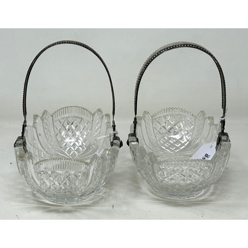 835 - A pair of Continental silver coloured metal and cut glass bon bon dishes, 15 cm high (2)