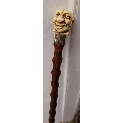 764 - A novelty walking stick, with a molded handle, in the form of a laughing man, with a silver collar, ... 