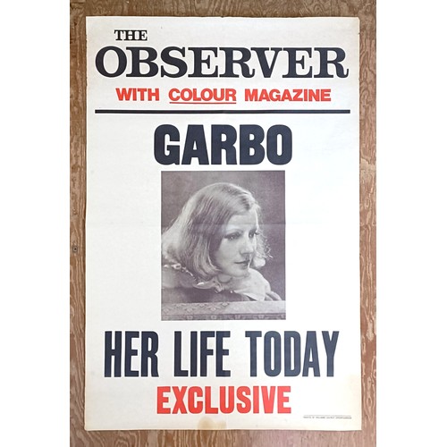801 - A Greta Garbo Observer newspaper advertising poster, 75 x 51 cm, and assorted vintage and modern Gre... 