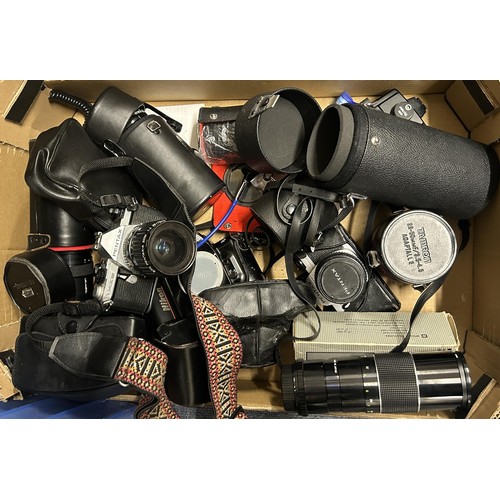 813 - A Pentax camera, assorted lenses and other cameras (box) and three well loved teddy bears
