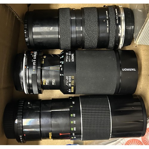 813 - A Pentax camera, assorted lenses and other cameras (box) and three well loved teddy bears