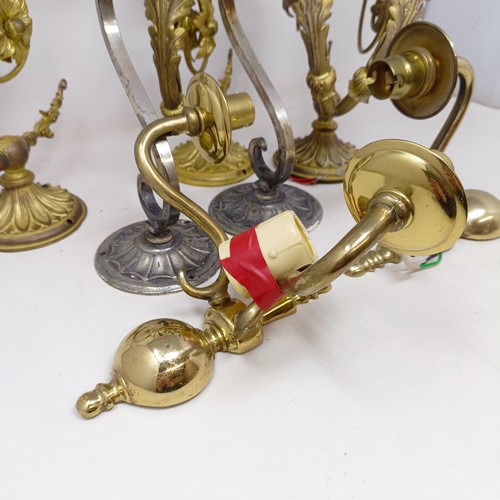 777 - A gilt metal two branch wall light, 36 cm wide, a pair of matching single wall lights, a pair of sil... 