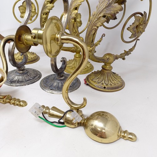 777 - A gilt metal two branch wall light, 36 cm wide, a pair of matching single wall lights, a pair of sil... 