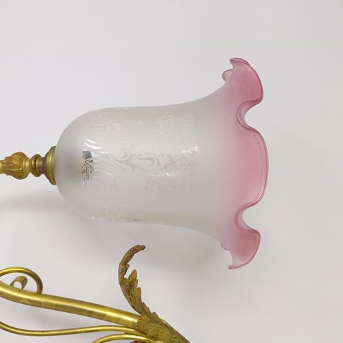 777 - A gilt metal two branch wall light, 36 cm wide, a pair of matching single wall lights, a pair of sil... 