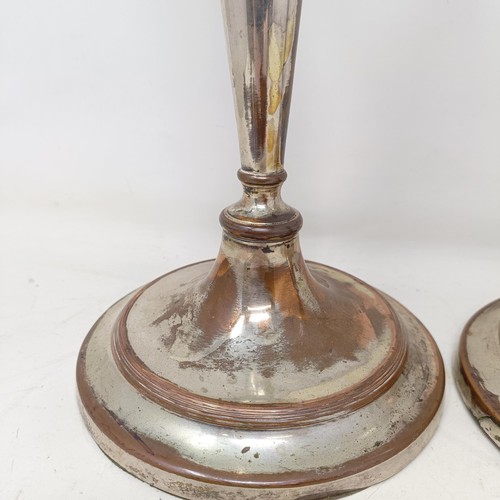 781 - A pair of silver plated candlesticks, converted to lamps, 46 cm high (2)