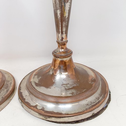 781 - A pair of silver plated candlesticks, converted to lamps, 46 cm high (2)