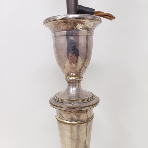 781 - A pair of silver plated candlesticks, converted to lamps, 46 cm high (2)