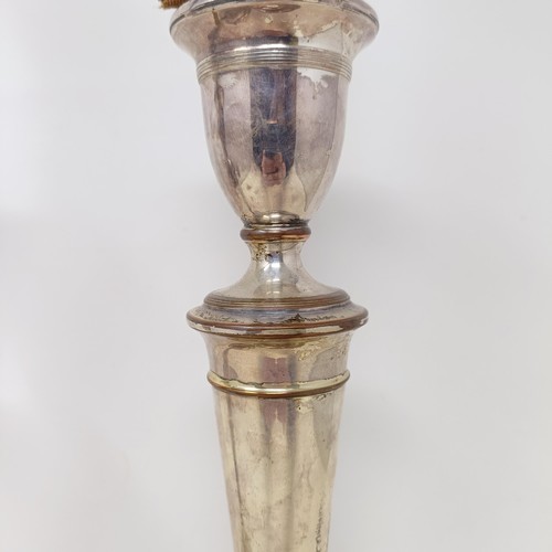 781 - A pair of silver plated candlesticks, converted to lamps, 46 cm high (2)