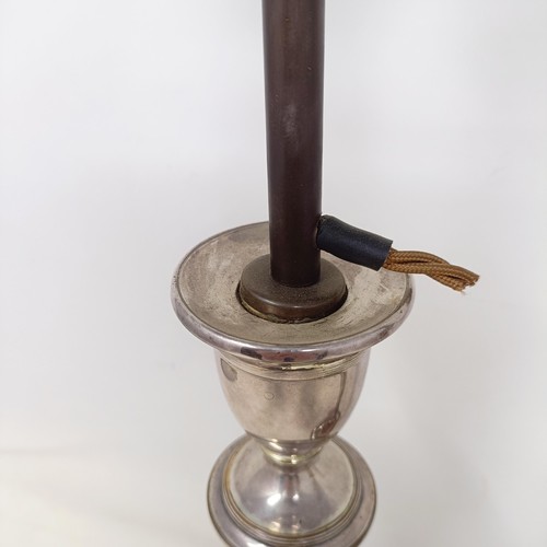 781 - A pair of silver plated candlesticks, converted to lamps, 46 cm high (2)
