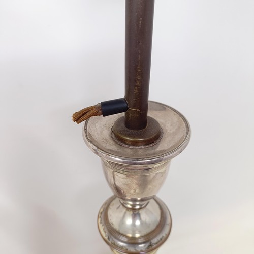 781 - A pair of silver plated candlesticks, converted to lamps, 46 cm high (2)