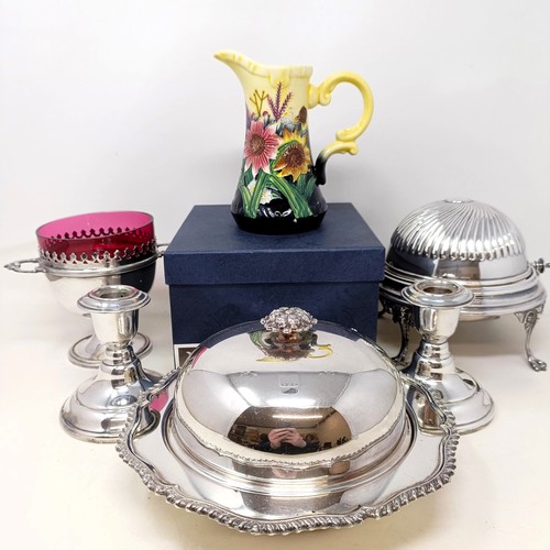 787 - A silver plated muffin dish, assorted silver plate and a jug (box)