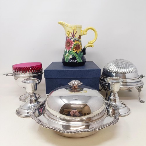 787 - A silver plated muffin dish, assorted silver plate and a jug (box)