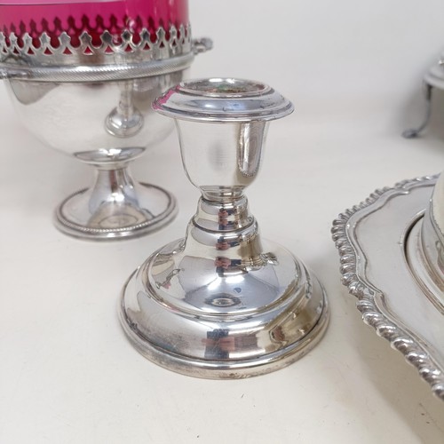 787 - A silver plated muffin dish, assorted silver plate and a jug (box)