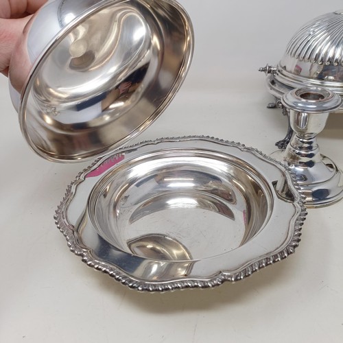 787 - A silver plated muffin dish, assorted silver plate and a jug (box)