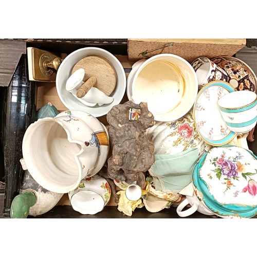 799 - A painted decoy duck, a Continental porcelain pot and cover, decorated flowers, other ceramics and o... 