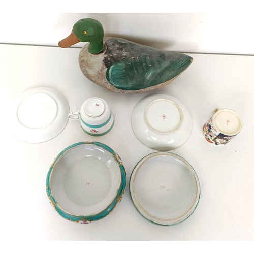 799 - A painted decoy duck, a Continental porcelain pot and cover, decorated flowers, other ceramics and o... 