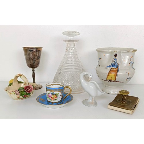 799 - A painted decoy duck, a Continental porcelain pot and cover, decorated flowers, other ceramics and o... 