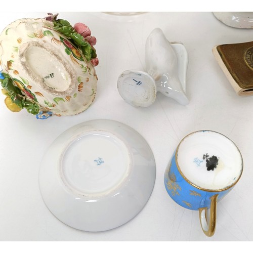 799 - A painted decoy duck, a Continental porcelain pot and cover, decorated flowers, other ceramics and o... 