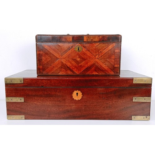 858 - A parquetry decorated tea caddy, 28 cm wide, and a mahogany brass bound writing slope, 46 cm wide (2... 