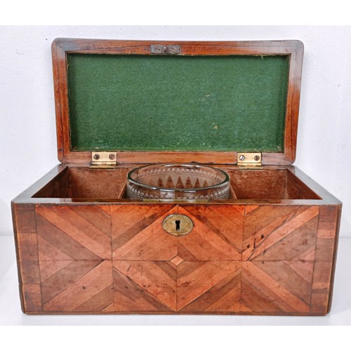 858 - A parquetry decorated tea caddy, 28 cm wide, and a mahogany brass bound writing slope, 46 cm wide (2... 