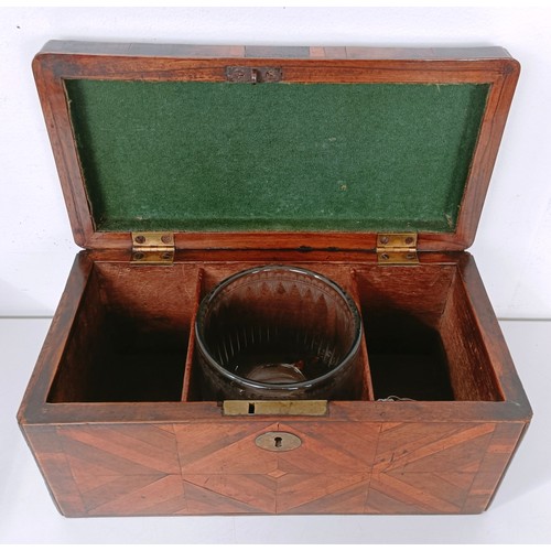 858 - A parquetry decorated tea caddy, 28 cm wide, and a mahogany brass bound writing slope, 46 cm wide (2... 