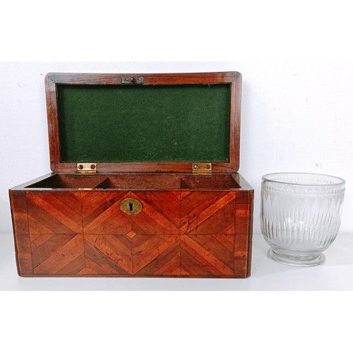 858 - A parquetry decorated tea caddy, 28 cm wide, and a mahogany brass bound writing slope, 46 cm wide (2... 