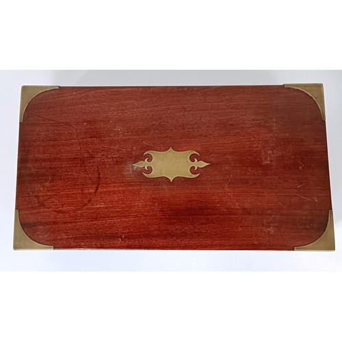 858 - A parquetry decorated tea caddy, 28 cm wide, and a mahogany brass bound writing slope, 46 cm wide (2... 