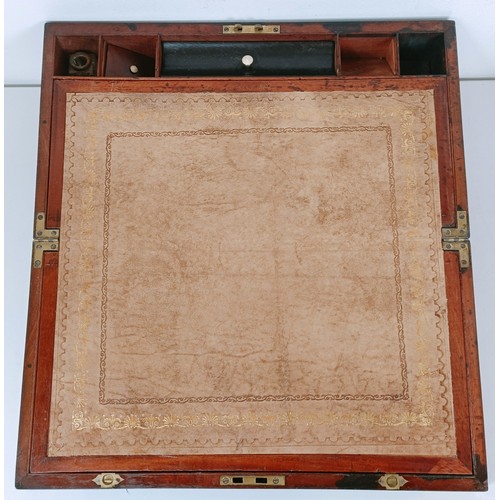 858 - A parquetry decorated tea caddy, 28 cm wide, and a mahogany brass bound writing slope, 46 cm wide (2... 