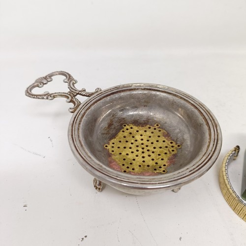 877 - A George III silver teapot, a cut glass match strike, with a silver mount, a silver plated tea strai... 