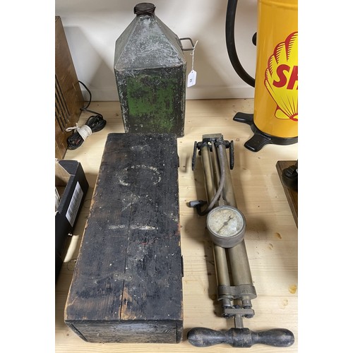 20 - An MOD issue tyre pump, a fuel can, and a Kismet Duplex foot pump, boxed (3)Please see our terms and... 