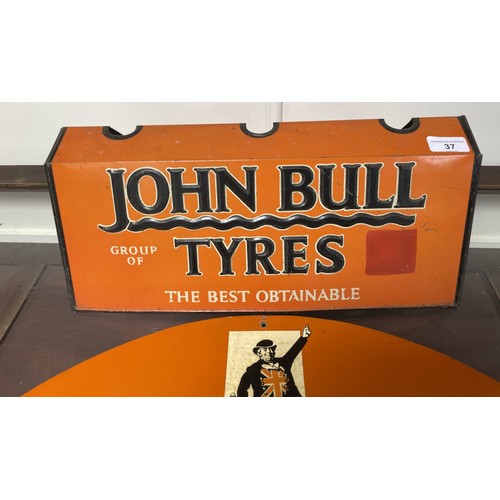 37 - A John Bull Tyres metal stand, 44 cm wide, and a John Bull plaque, 56 cm widePlease see our terms an... 