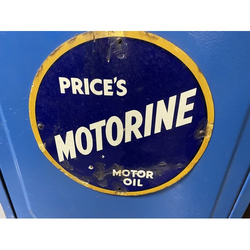 54 - A blue painted forecourt oil dispenser, with a Price's Motorine motor oil enamel sign, 64.5 cm wide
... 