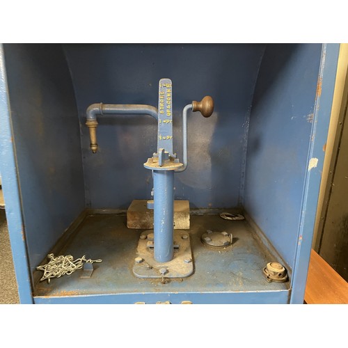 54 - A blue painted forecourt oil dispenser, with a Price's Motorine motor oil enamel sign, 64.5 cm wide
... 